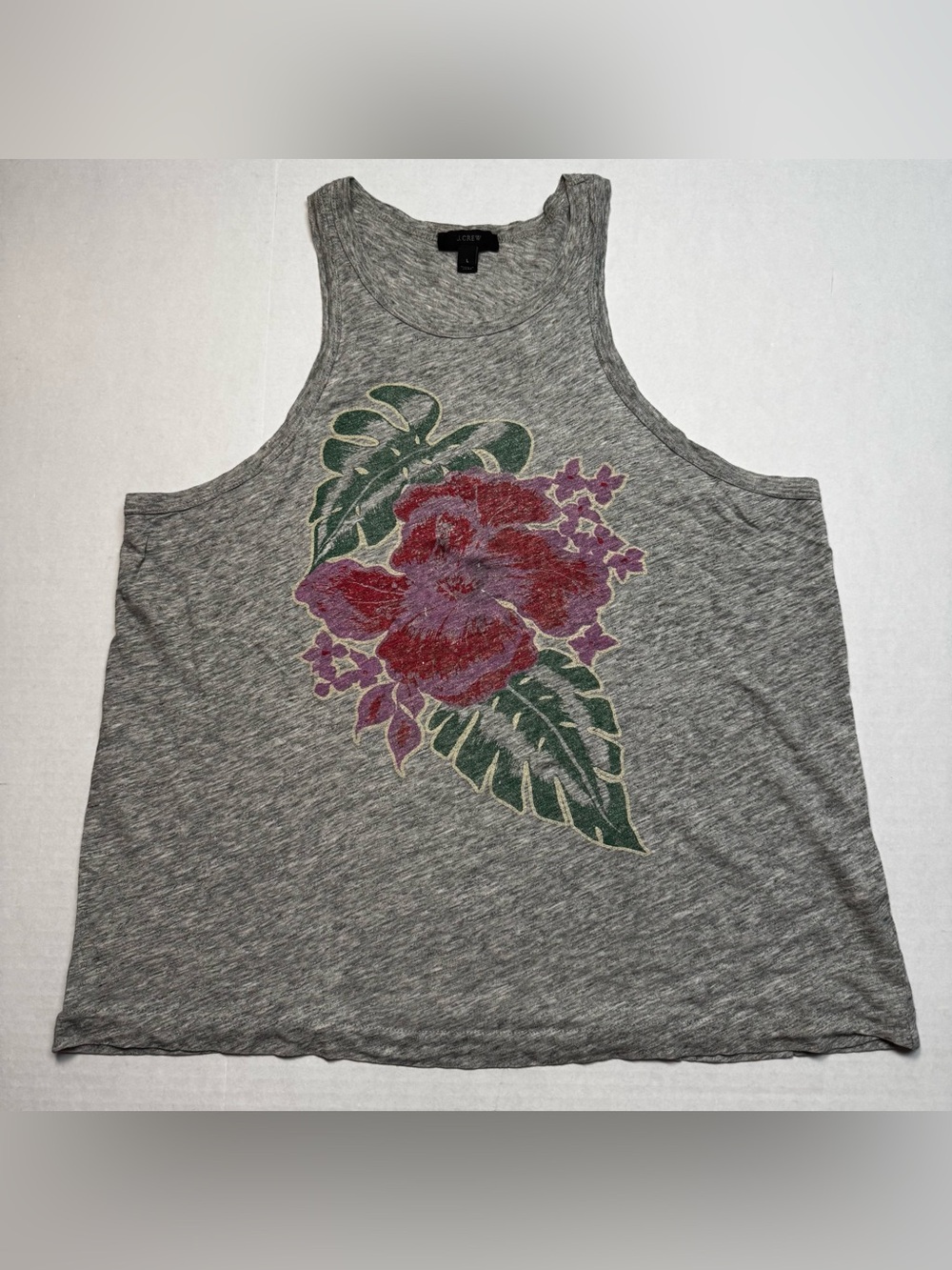 J. Crew Floral Print Tank Top Distressed Hibiscus, Monstera Hthr. Gray Size: L